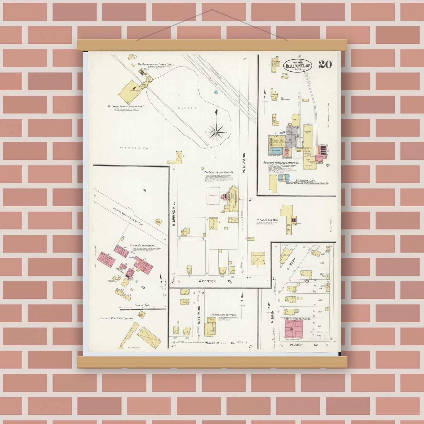 Old map wall art mockup — magnetic wood frame on brick wall — Sanborn Fire Insurance Map from Bellefontaine, Logan County, Ohio (1907), Sheet #0020