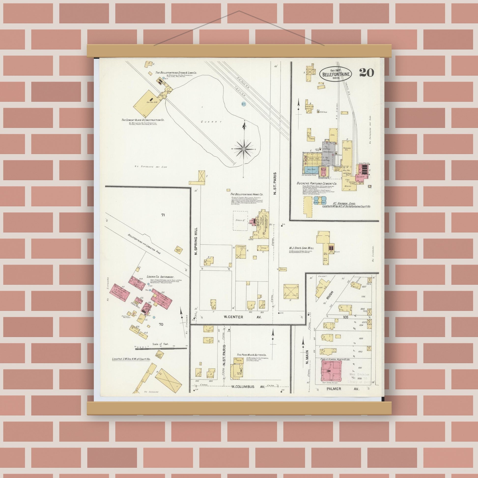 Old map wall art mockup — magnetic wood frame on brick wall — Sanborn Fire Insurance Map from Bellefontaine, Logan County, Ohio (1907), Sheet #0020