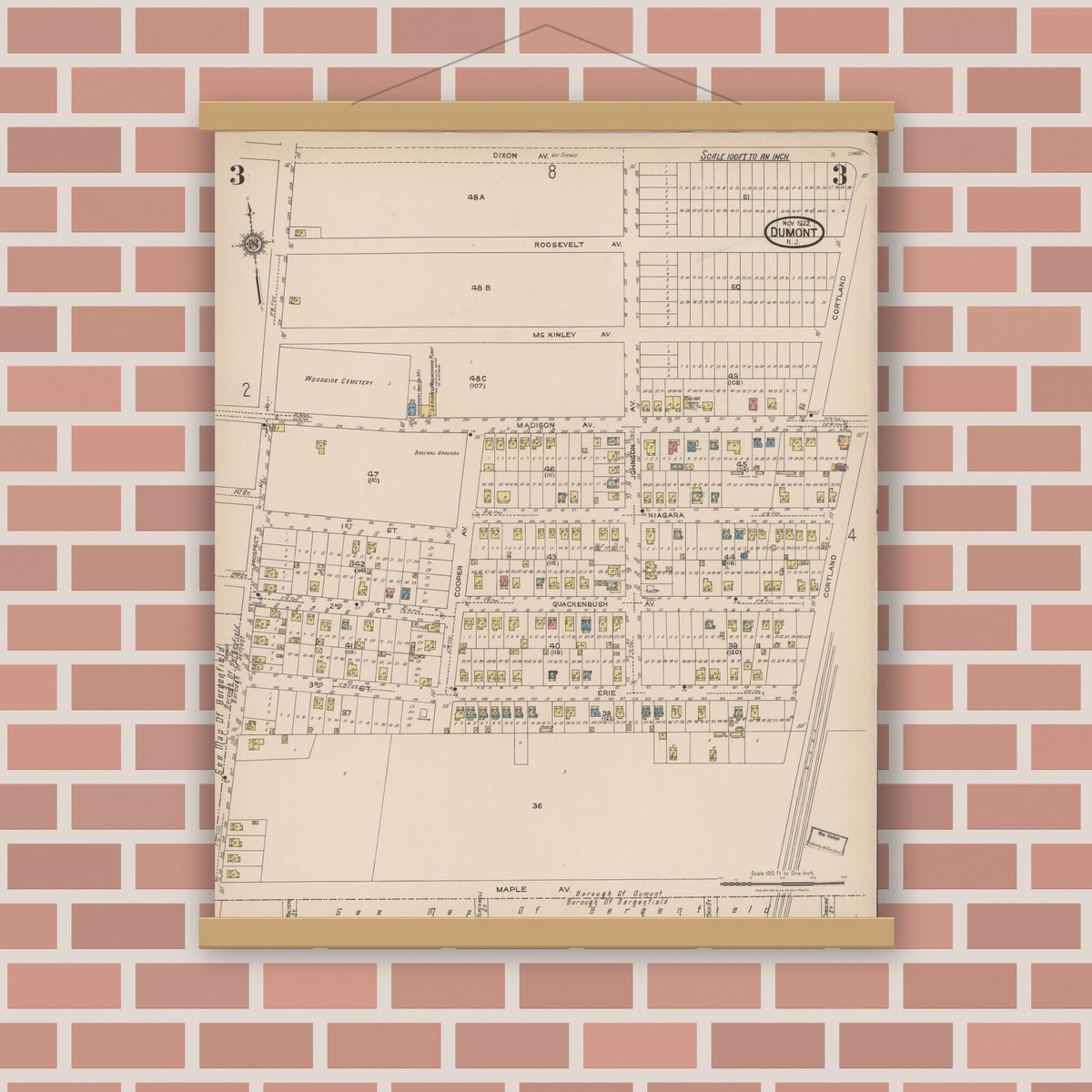 Old map wall art mockup — magnetic wood frame on brick wall — Sanborn Fire Insurance Map from Dumont, Bergen County, New Jersey (1922), Sheet #0003