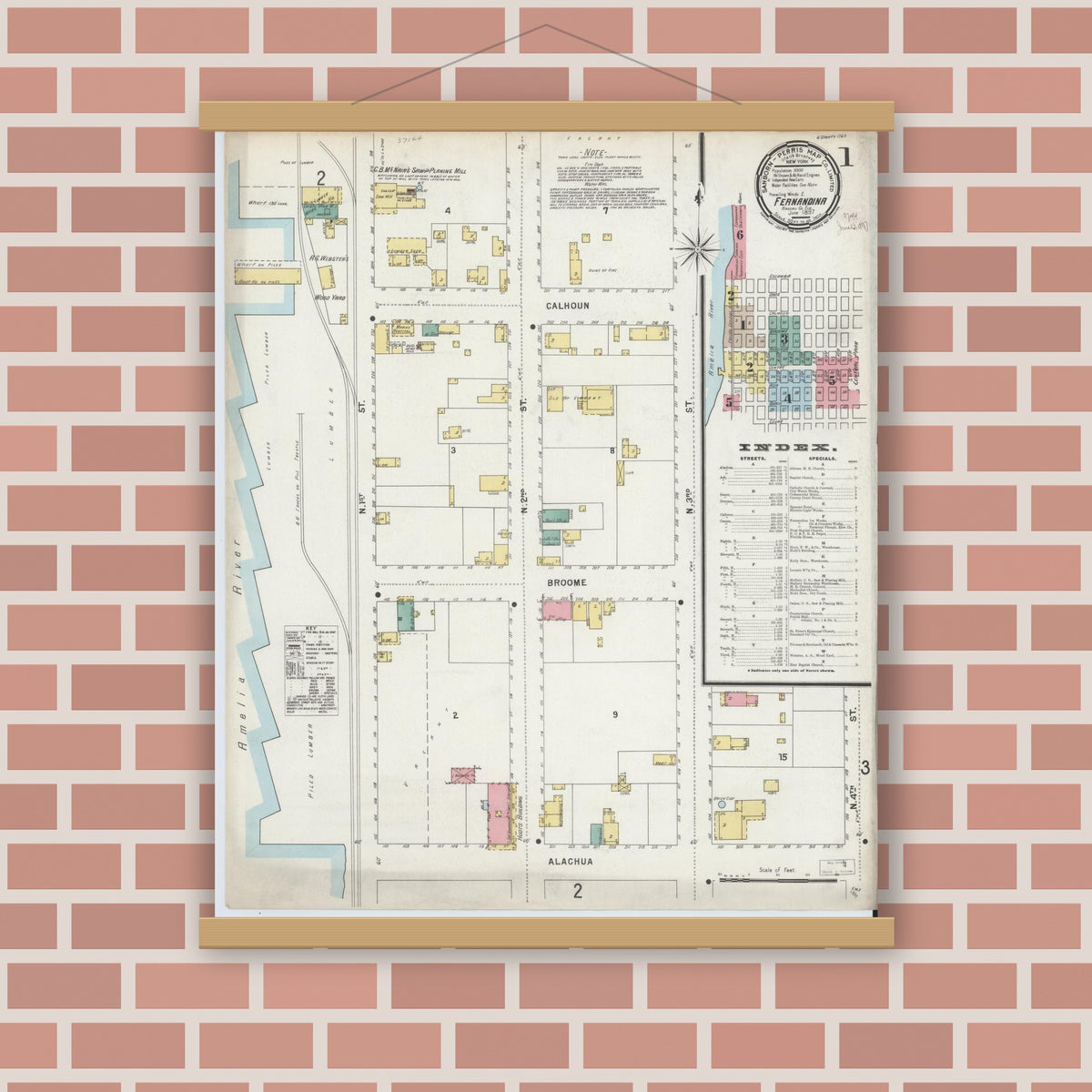 Old map wall art mockup — magnetic wood frame on brick wall — Sanborn Fire Insurance Map from Fernandina, Nassau County, Florida (1897), Sheet #0001