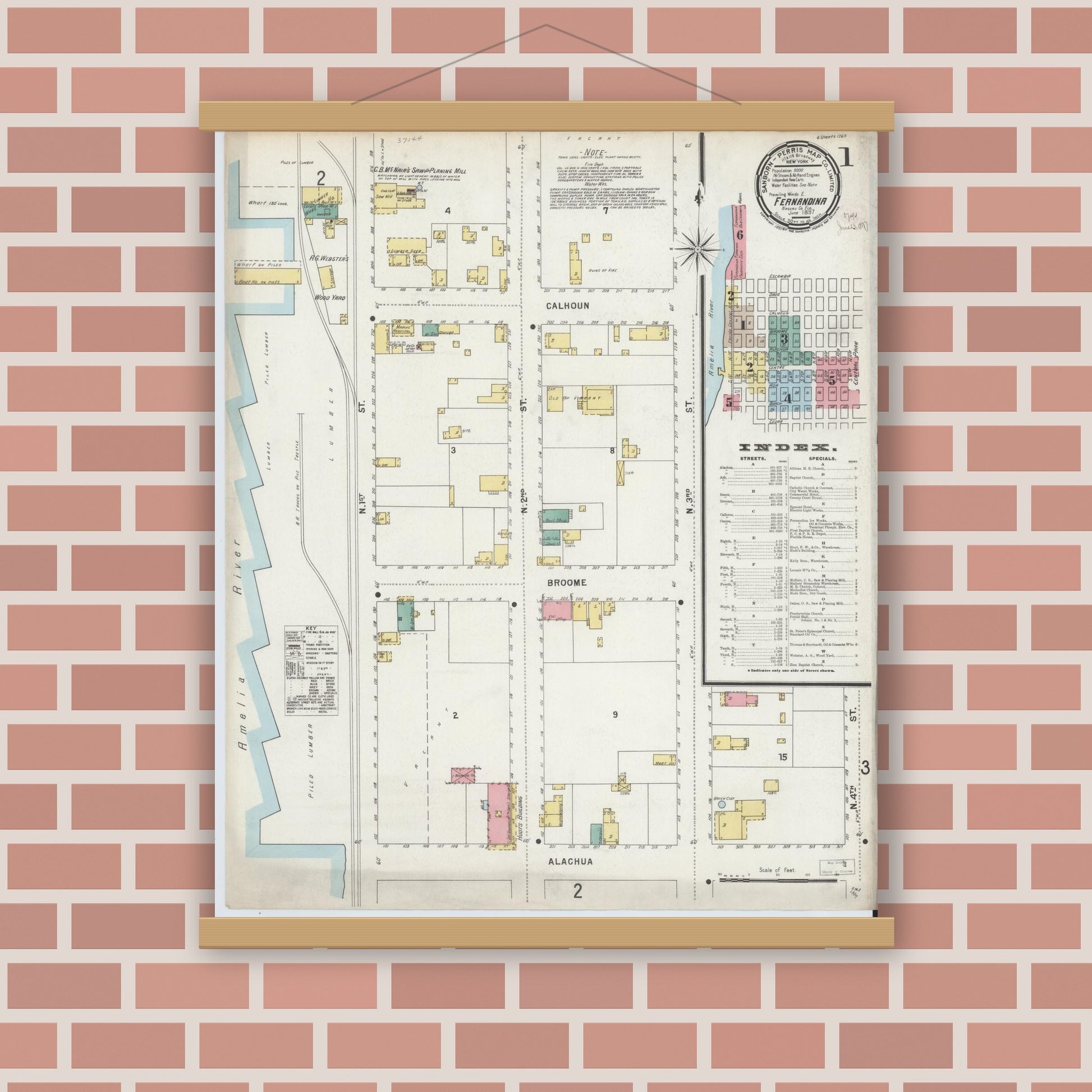 Old map wall art mockup — magnetic wood frame on brick wall — Sanborn Fire Insurance Map from Fernandina, Nassau County, Florida (1897), Sheet #0001