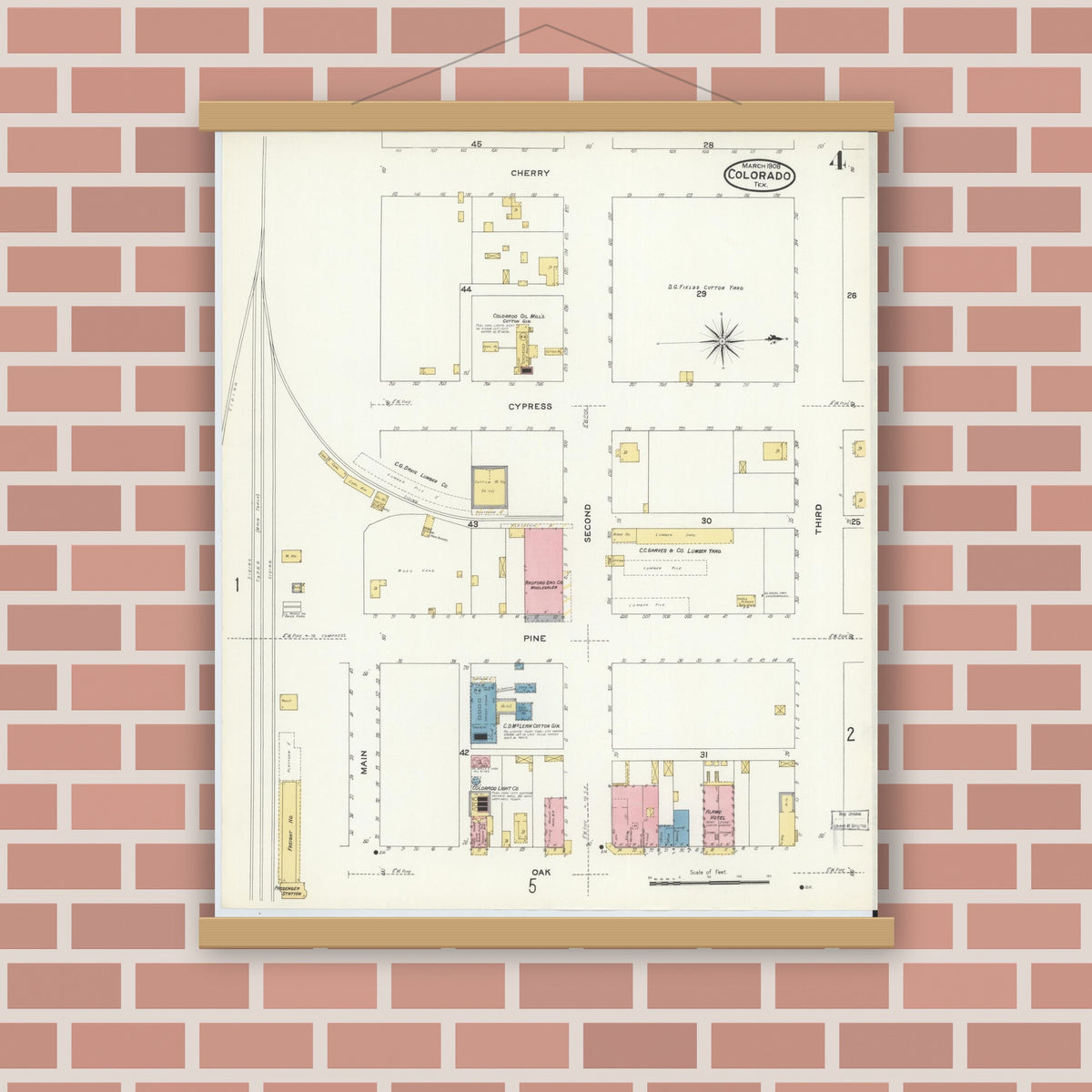 Old map wall art mockup — magnetic wood frame on brick wall — Sanborn Fire Insurance Map from Colorado, Mitchell County, Texas (1908), Sheet #0004