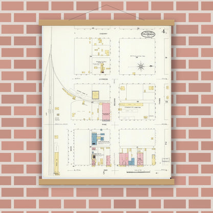 Old map wall art mockup — magnetic wood frame on brick wall — Sanborn Fire Insurance Map from Colorado, Mitchell County, Texas (1908), Sheet #0004