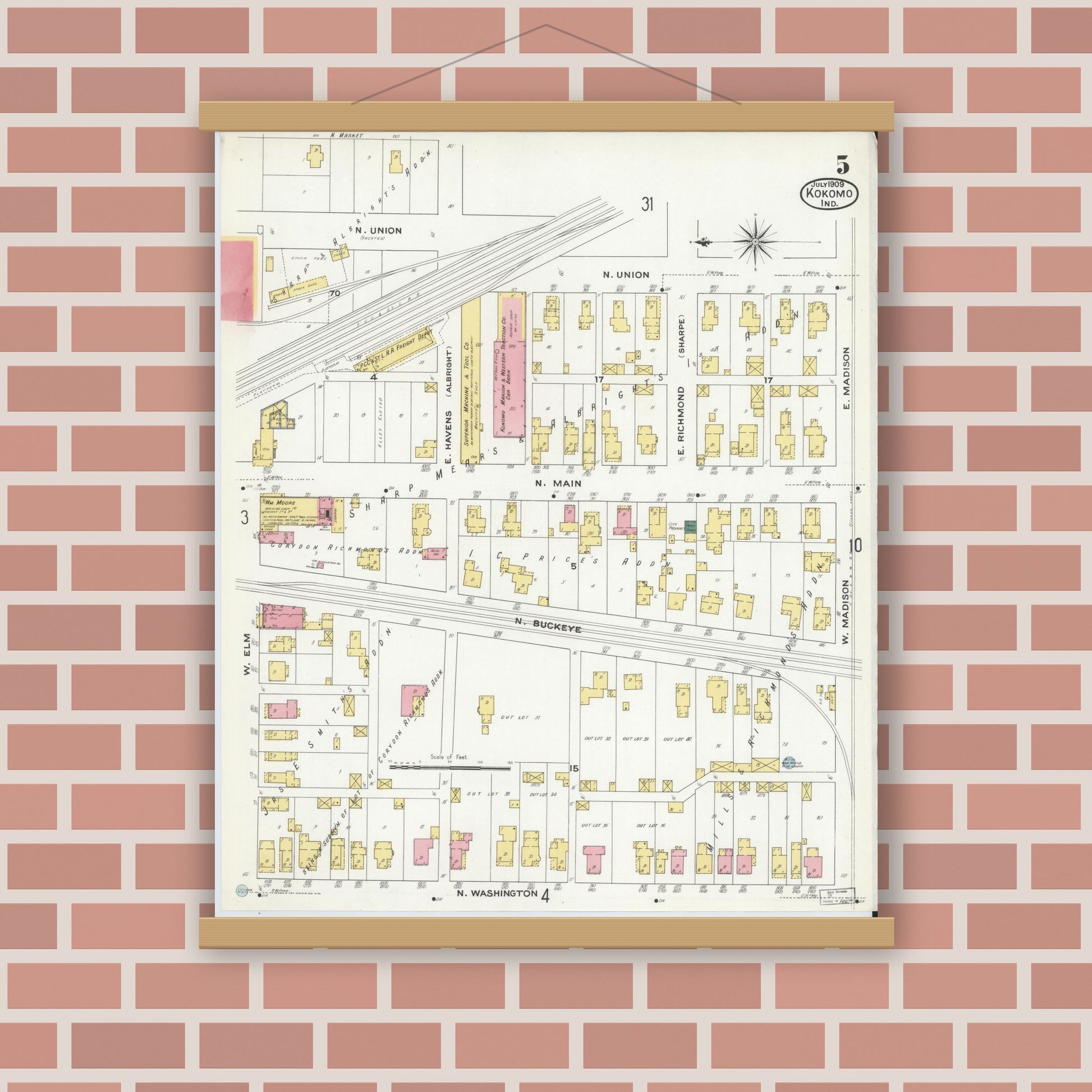 Old map wall art mockup — magnetic wood frame on brick wall — Sanborn Fire Insurance Map from Kokomo, Howard County, Indiana (1909), Sheet #0005