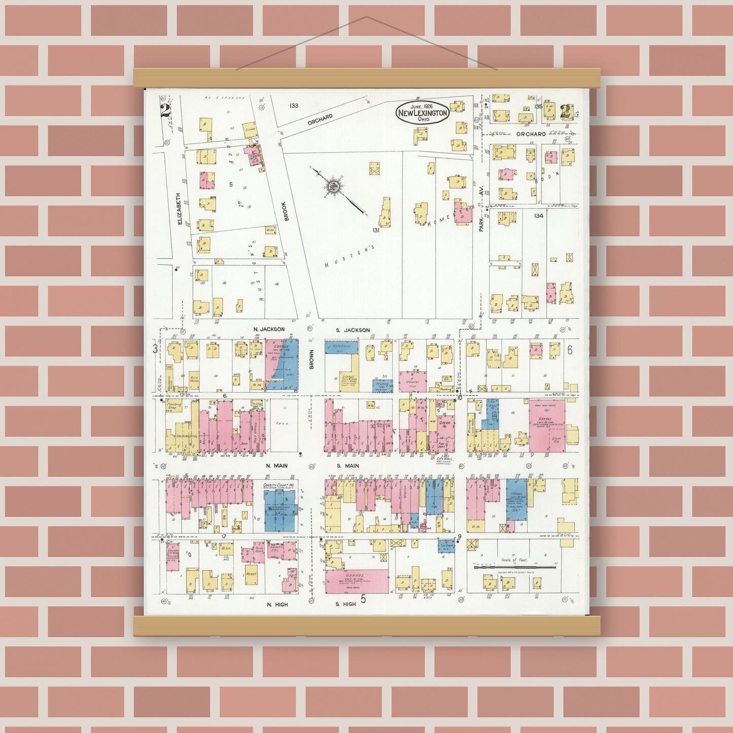 Old map wall art mockup — magnetic wood frame on brick wall — Sanborn Fire Insurance Map from New Lexington, Perry County, Ohio (1926), Sheet #0002