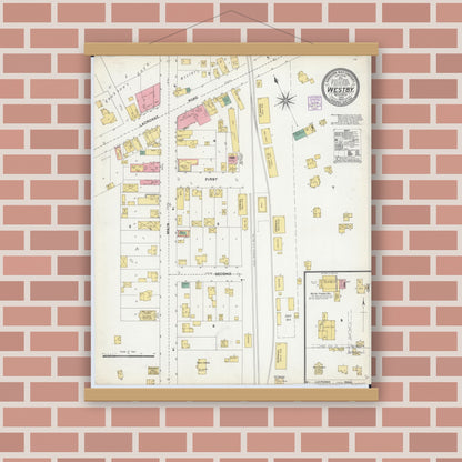 Old map wall art mockup — magnetic wood frame on brick wall — Sanborn Fire Insurance Map from Westby, Vernon County, Wisconsin (1904), Sheet #0001