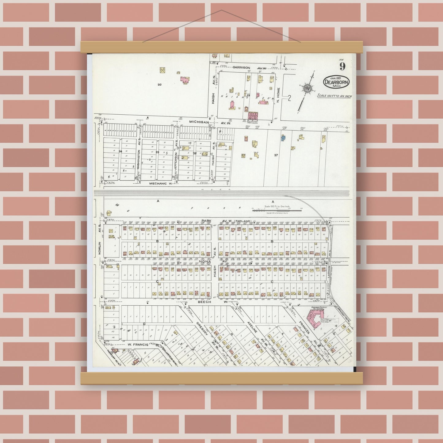 Old map wall art mockup — magnetic wood frame on brick wall — Sanborn Fire Insurance Map from Dearborn, Wayne County, Michigan (1921), Sheet #0009