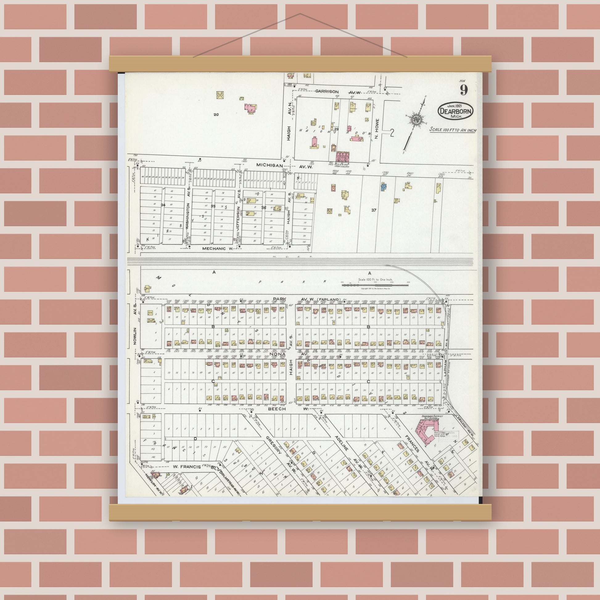Old map wall art mockup — magnetic wood frame on brick wall — Sanborn Fire Insurance Map from Dearborn, Wayne County, Michigan (1921), Sheet #0009