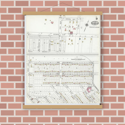 Old map wall art mockup — magnetic wood frame on brick wall — Sanborn Fire Insurance Map from Dearborn, Wayne County, Michigan (1921), Sheet #0009
