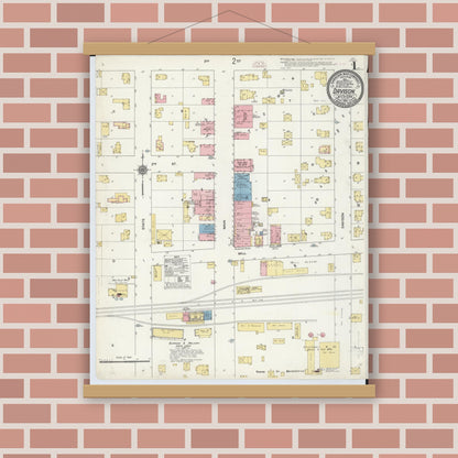 Old map wall art mockup — magnetic wood frame on brick wall — Sanborn Fire Insurance Map from Davison, Genesee County, Michigan (1910), Sheet #0001