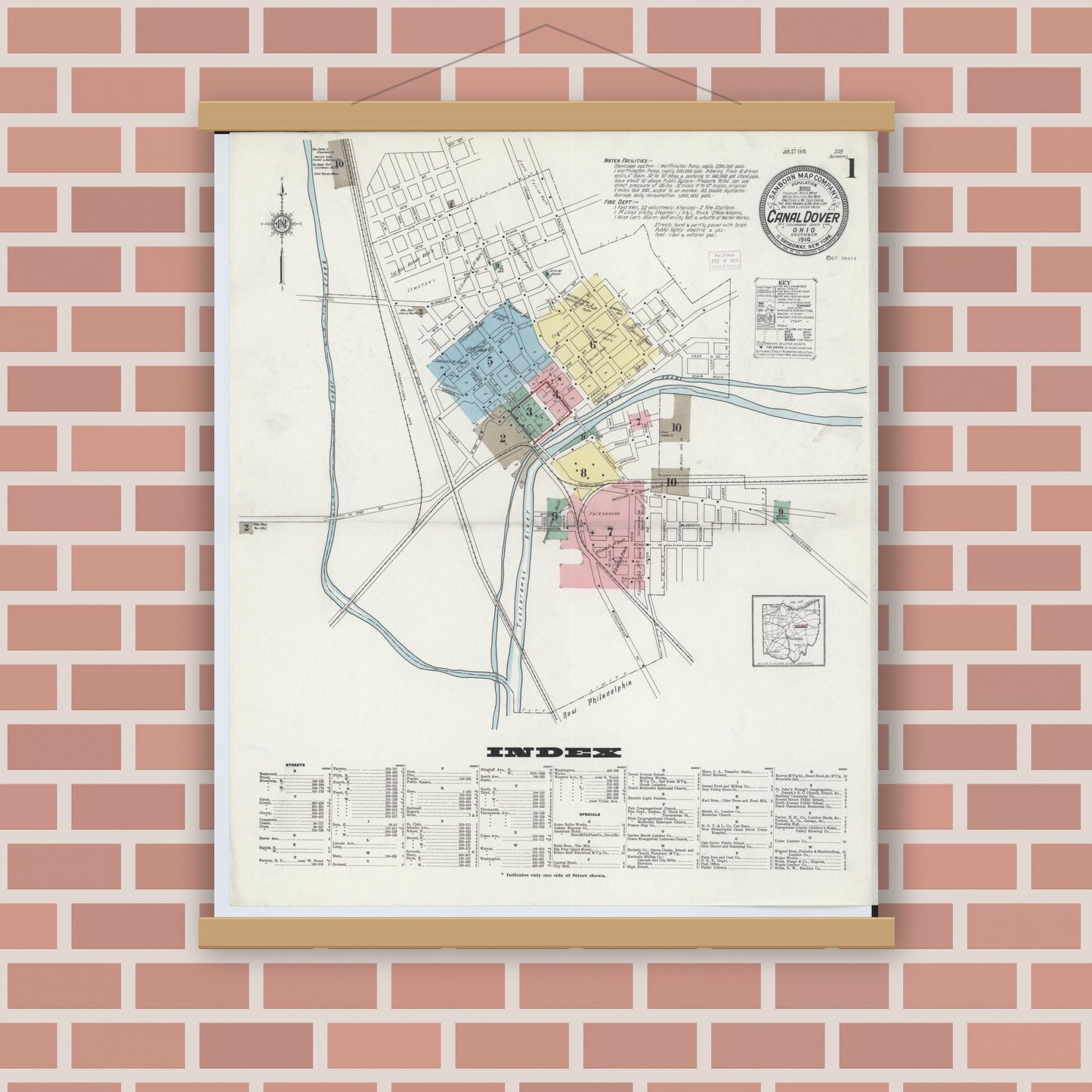 Old map wall art mockup — magnetic wood frame on brick wall — Sanborn Fire Insurance Map from Canal Dover, Tuscarawas County, Ohio (1914) - Complete Map Set
