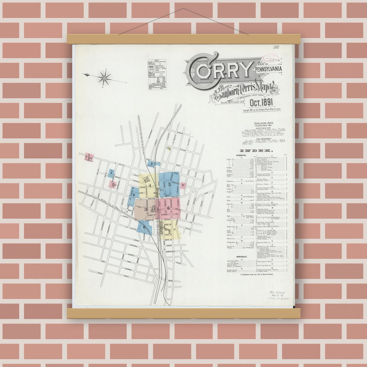 Old map wall art mockup — magnetic wood frame on brick wall — Sanborn Fire Insurance Map from Corry, Erie County, Pennsylvania (1891) - Complete Map Set