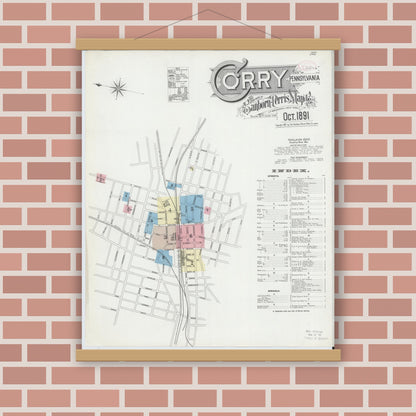 Old map wall art mockup — magnetic wood frame on brick wall — Sanborn Fire Insurance Map from Corry, Erie County, Pennsylvania (1891) - Complete Map Set