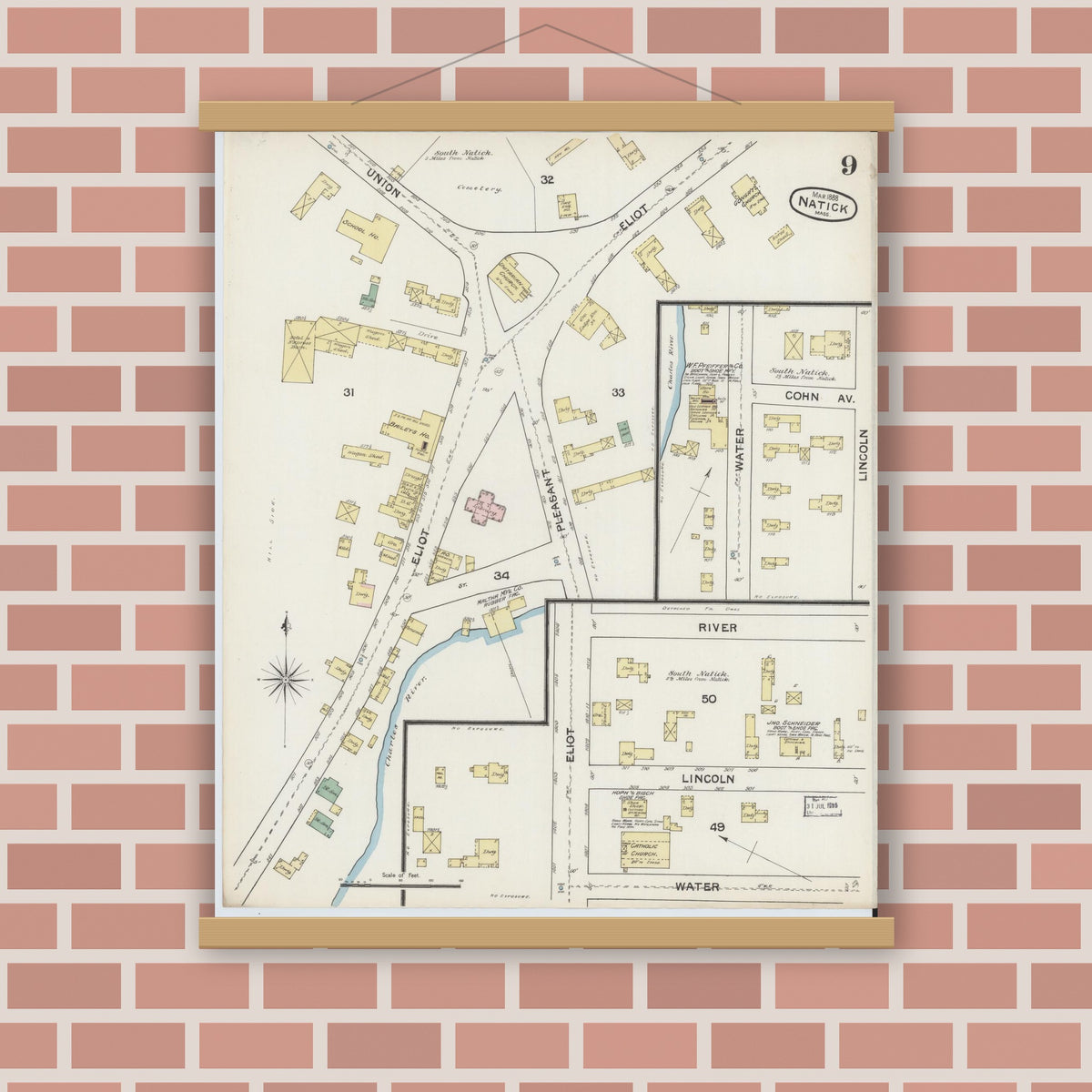 Old map wall art mockup — magnetic wood frame on brick wall — Sanborn Fire Insurance Map from Natick, Middlesex County, Massachusetts (1888), Sheet #0009