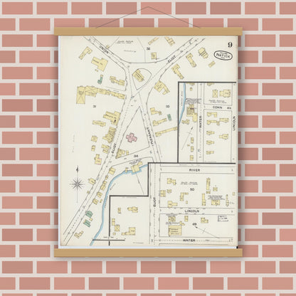 Old map wall art mockup — magnetic wood frame on brick wall — Sanborn Fire Insurance Map from Natick, Middlesex County, Massachusetts (1888), Sheet #0009