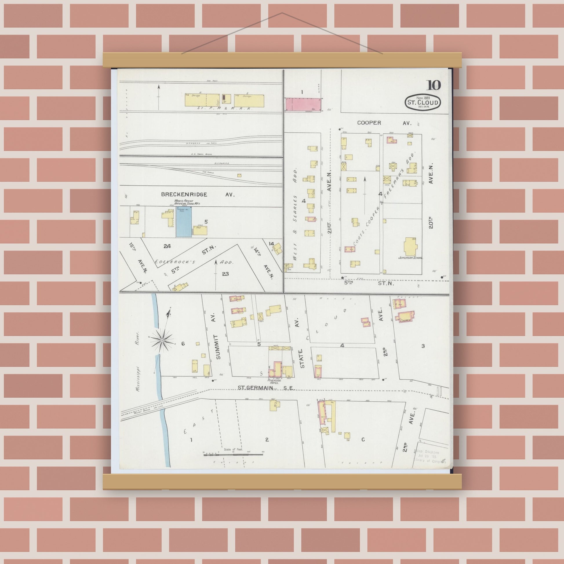 Old map wall art mockup — magnetic wood frame on brick wall — Sanborn Fire Insurance Map from Saint Cloud, Stearns, Benton, and Sherburne Counties, Minnesota (1893), Sheet #0010