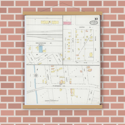 Old map wall art mockup — magnetic wood frame on brick wall — Sanborn Fire Insurance Map from Saint Cloud, Stearns, Benton, and Sherburne Counties, Minnesota (1893), Sheet #0010