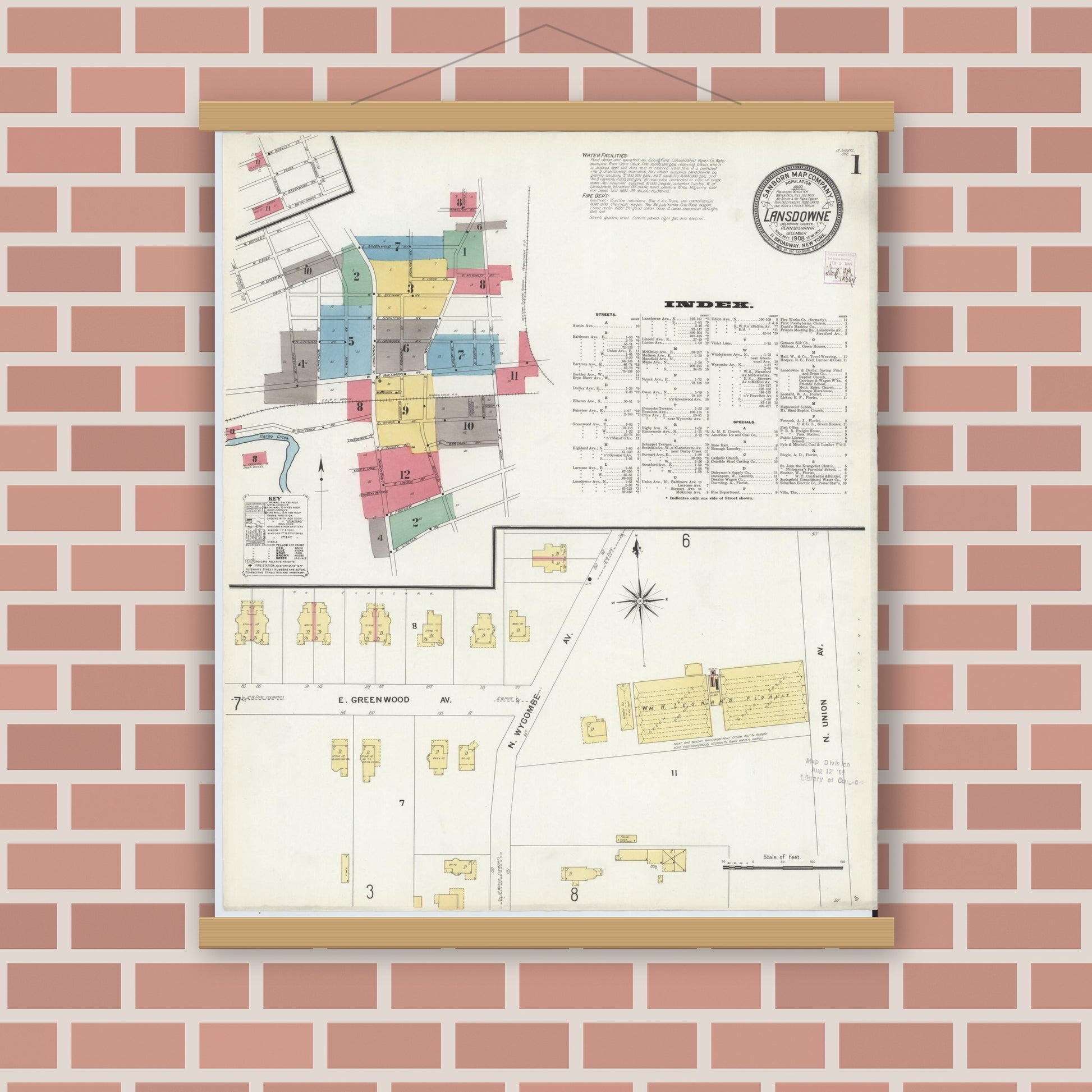 Old map wall art mockup — magnetic wood frame on brick wall — Sanborn Fire Insurance Map from Lansdowne, Delaware County, Pennsylvania (1908), Sheet #0001