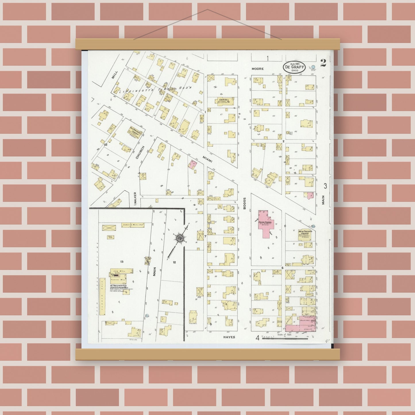 Old map wall art mockup — magnetic wood frame on brick wall — Sanborn Fire Insurance Map from Degraff, Logan County, Ohio (1910), Sheet #0002