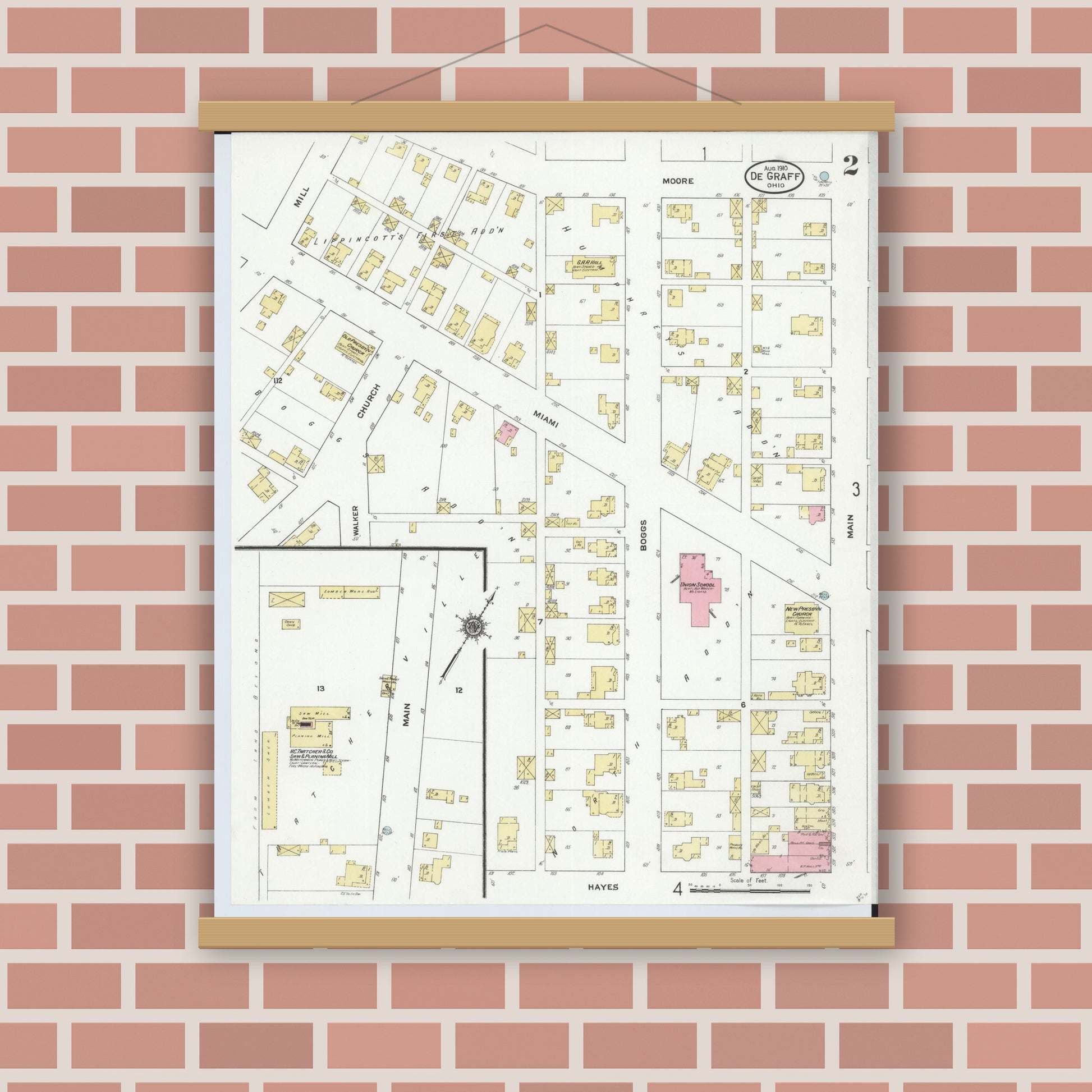 Old map wall art mockup — magnetic wood frame on brick wall — Sanborn Fire Insurance Map from Degraff, Logan County, Ohio (1910), Sheet #0002