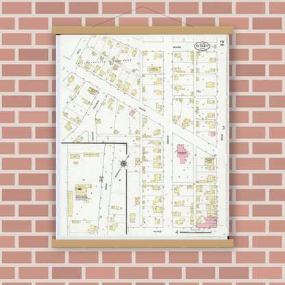 Old map wall art mockup — magnetic wood frame on brick wall — Sanborn Fire Insurance Map from Degraff, Logan County, Ohio (1910), Sheet #0002