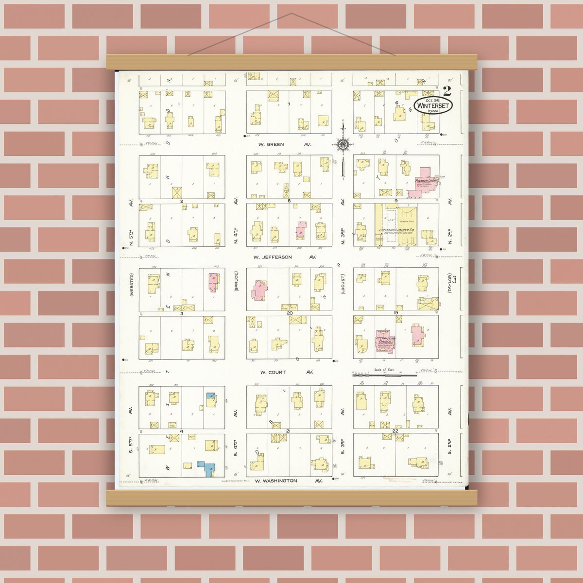 Old map wall art mockup — magnetic wood frame on brick wall — Sanborn Fire Insurance Map from Winterset, Madison County, Iowa (1916), Sheet #0002