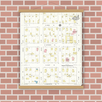 Old map wall art mockup — magnetic wood frame on brick wall — Sanborn Fire Insurance Map from Winterset, Madison County, Iowa (1916), Sheet #0002