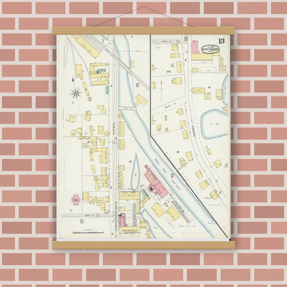 Old map wall art mockup — magnetic wood frame on brick wall — Sanborn Fire Insurance Map from North Adams, Berkshire County, Massachusetts (1897), Sheet #0013
