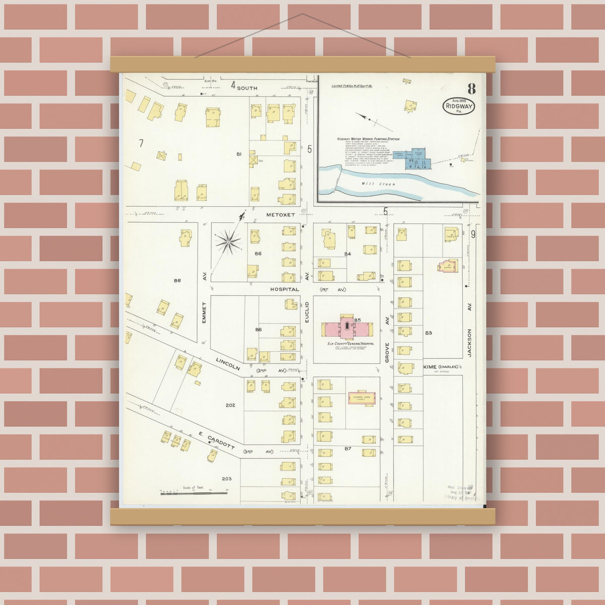 Old map wall art mockup — magnetic wood frame on brick wall — Sanborn Fire Insurance Map from Ridgway, Elk County, Pennsylvania (1909), Sheet #0008