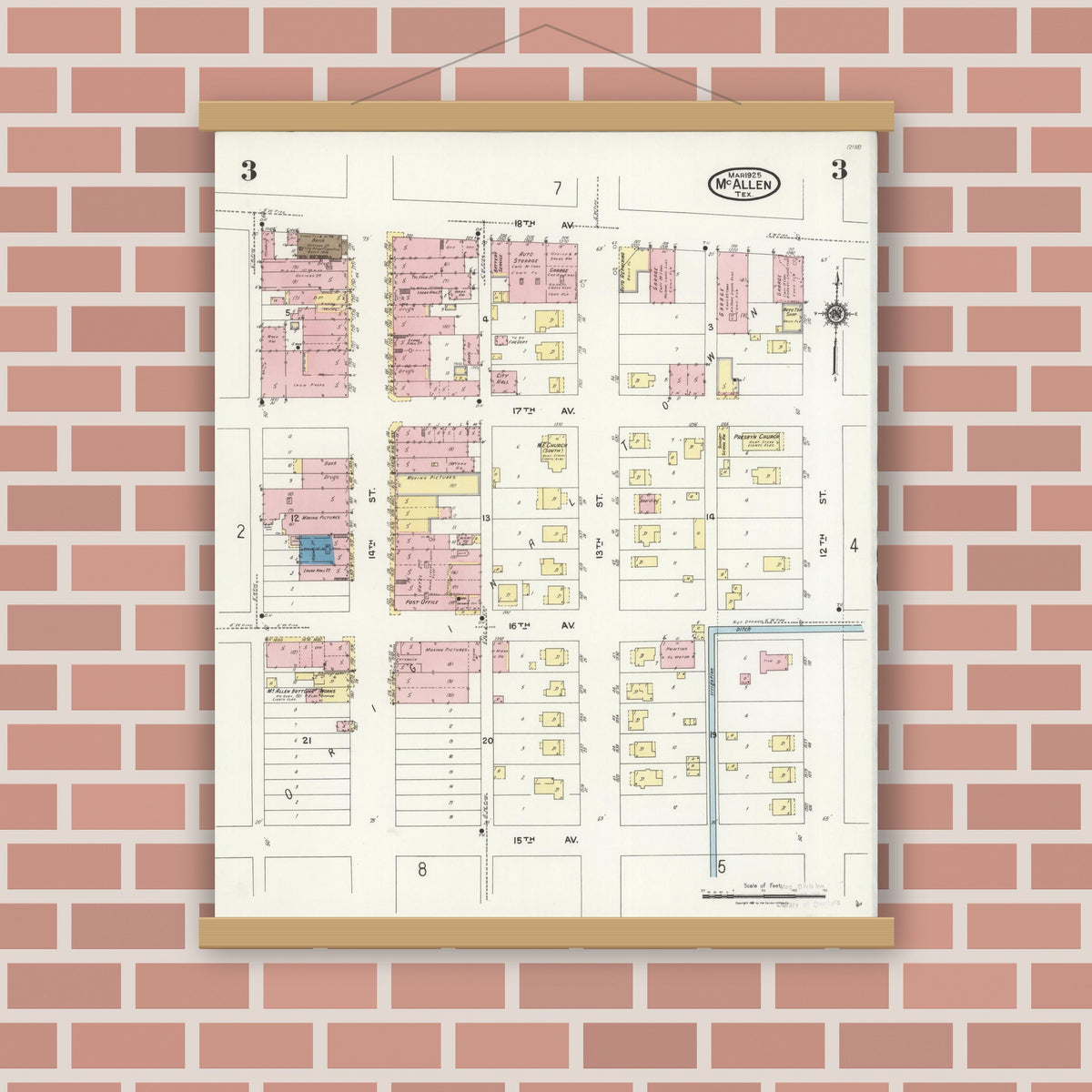 Old map wall art mockup — magnetic wood frame on brick wall — Sanborn Fire Insurance Map from McAllen, Hidalgo County, Texas (1925), Sheet #0003