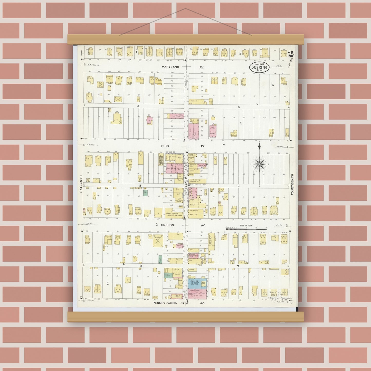 Old map wall art mockup — magnetic wood frame on brick wall — Sanborn Fire Insurance Map from Sebring, Mahoning County, Ohio (1908), Sheet #0002