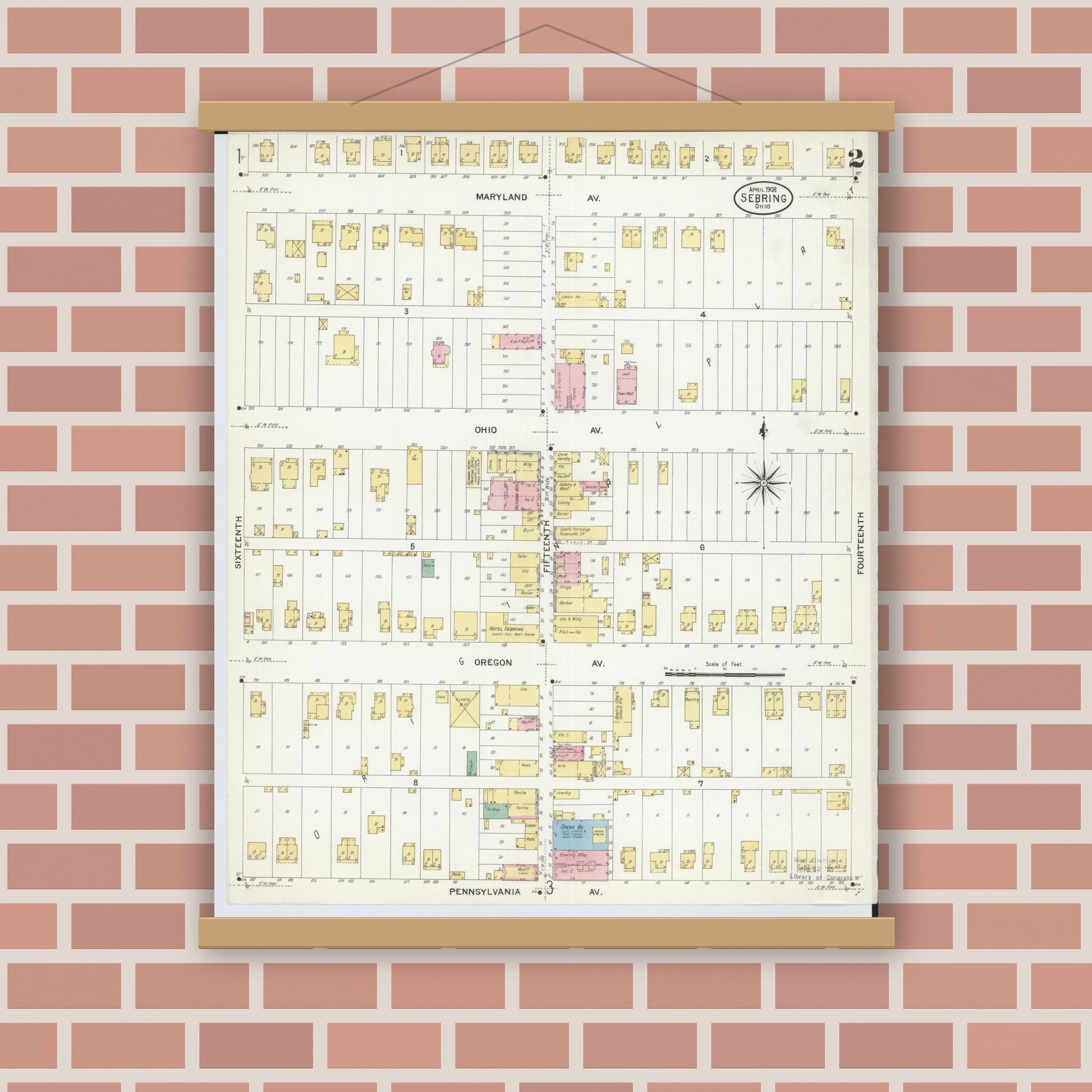 Old map wall art mockup — magnetic wood frame on brick wall — Sanborn Fire Insurance Map from Sebring, Mahoning County, Ohio (1908), Sheet #0002