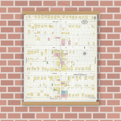 Old map wall art mockup — magnetic wood frame on brick wall — Sanborn Fire Insurance Map from Sebring, Mahoning County, Ohio (1908), Sheet #0002