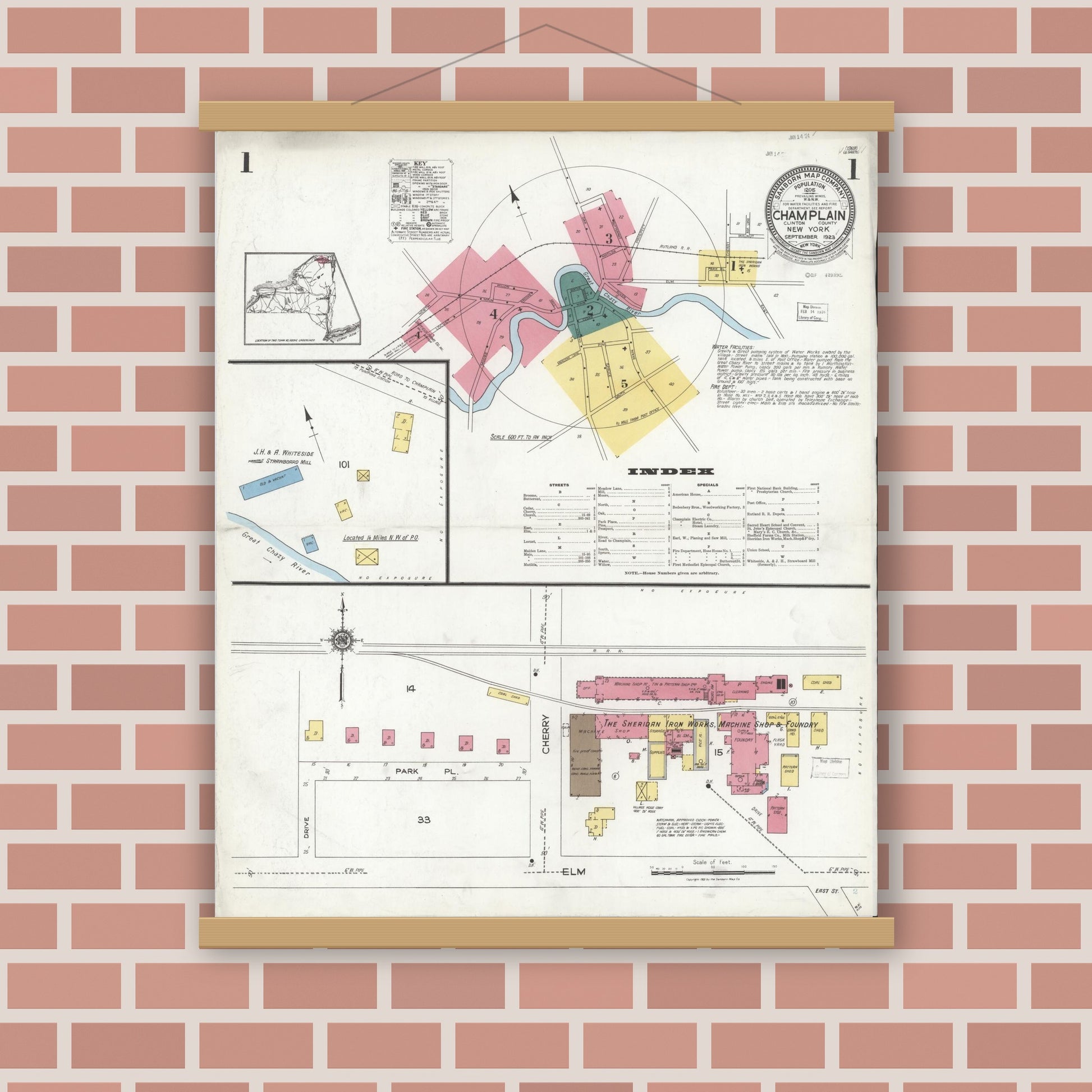 Old map wall art mockup — magnetic wood frame on brick wall — Sanborn Fire Insurance Map from Champlain, Clinton County, New York (1923), Sheet #0001