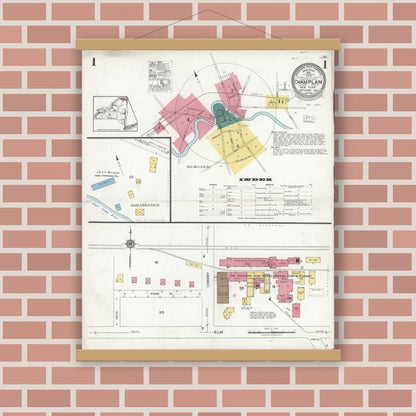Old map wall art mockup — magnetic wood frame on brick wall — Sanborn Fire Insurance Map from Champlain, Clinton County, New York (1923), Sheet #0001