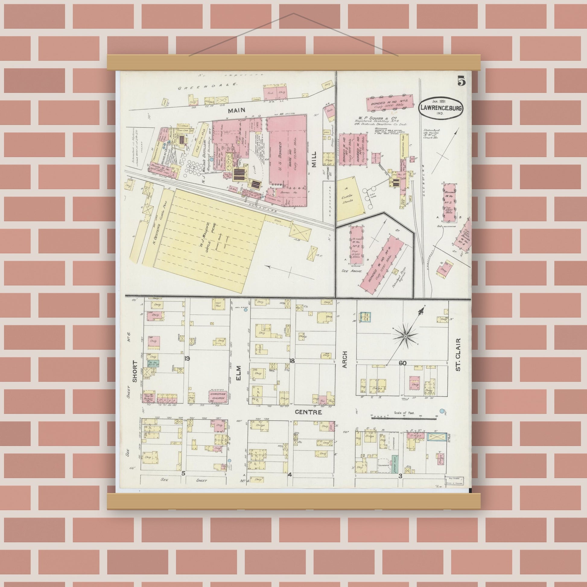 Old map wall art mockup — magnetic wood frame on brick wall — Sanborn Fire Insurance Map from Lawrenceburg, Dearborn County, Indiana (1891), Sheet #0005