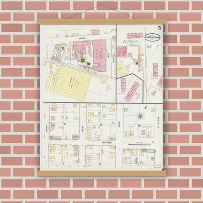 Old map wall art mockup — magnetic wood frame on brick wall — Sanborn Fire Insurance Map from Lawrenceburg, Dearborn County, Indiana (1891), Sheet #0005