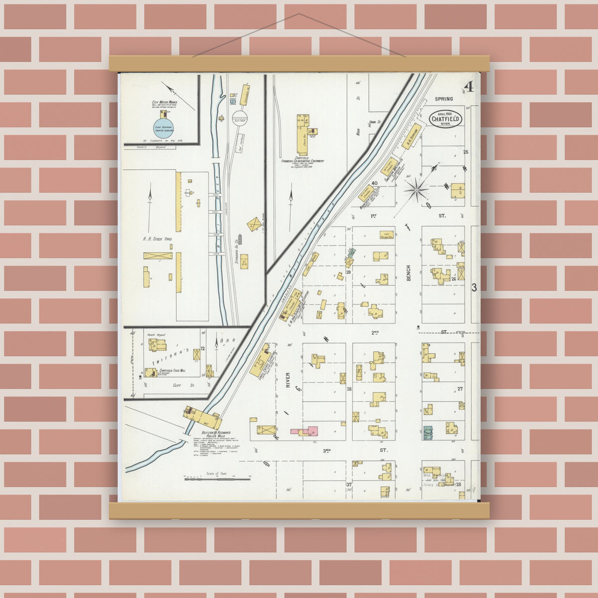 Old map wall art mockup — magnetic wood frame on brick wall — Sanborn Fire Insurance Map from Chatfield, Fillmore And Olmsted Counties, Minnesota (1900), Sheet #0004