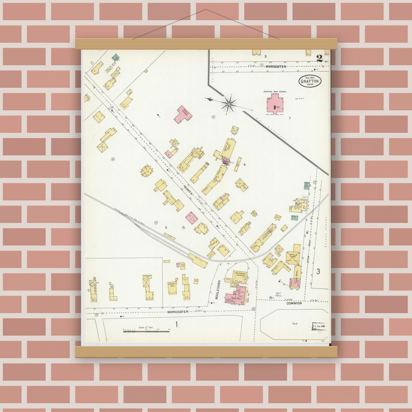 Old map wall art mockup — magnetic wood frame on brick wall — Sanborn Fire Insurance Map from Grafton, Worcester County, Massachusetts (1904), Sheet #0002