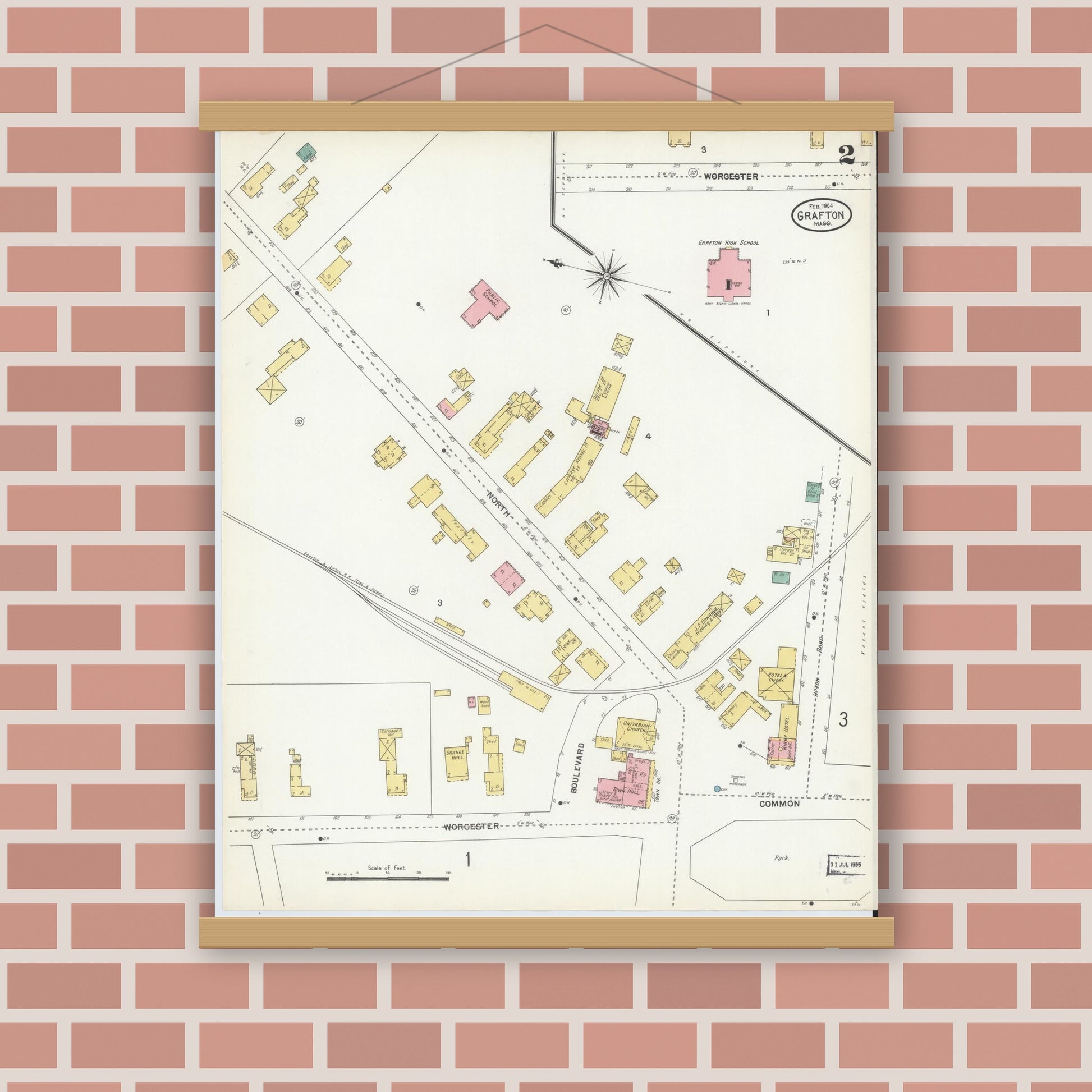 Old map wall art mockup — magnetic wood frame on brick wall — Sanborn Fire Insurance Map from Grafton, Worcester County, Massachusetts (1904), Sheet #0002