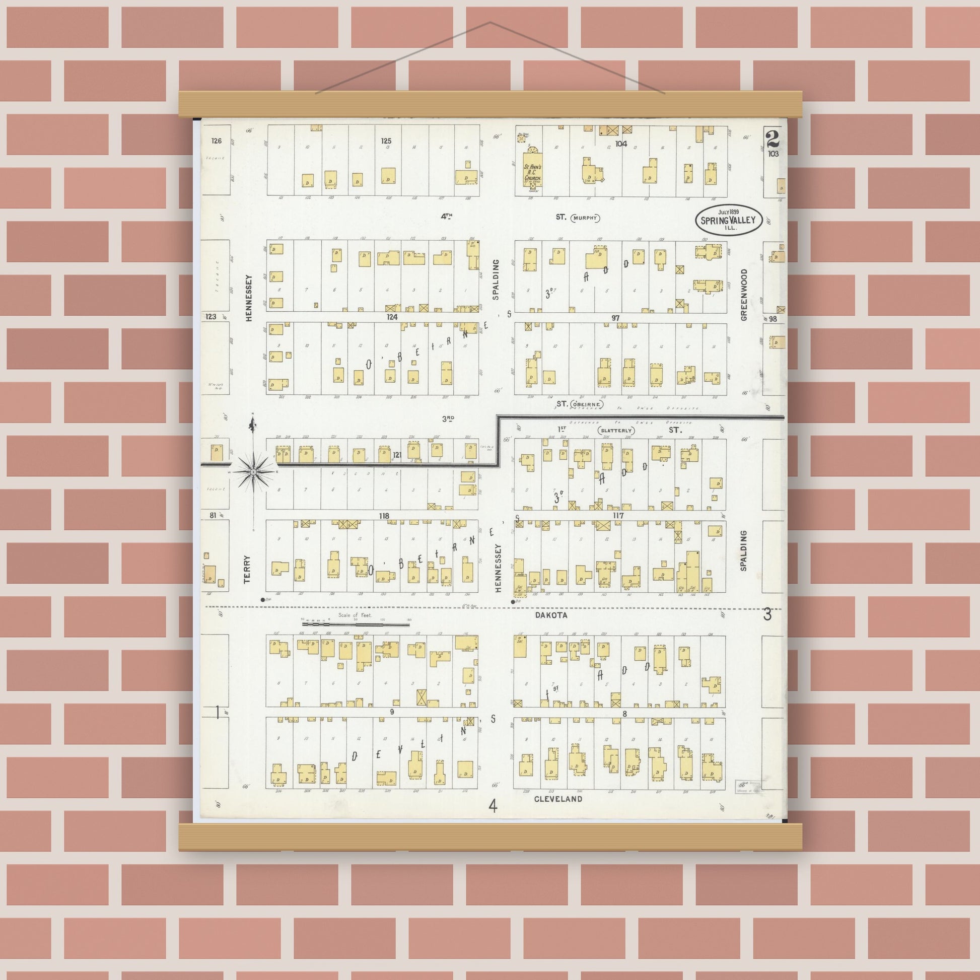 Old map wall art mockup — magnetic wood frame on brick wall — Sanborn Fire Insurance Map from Spring Valley, Bureau County, Illinois (1899), Sheet #0002