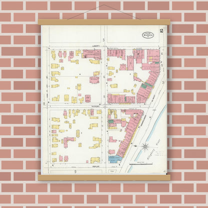 Old map wall art mockup — magnetic wood frame on brick wall — Sanborn Fire Insurance Map from Warren, Warren County, Pennsylvania (1904), Sheet #0002