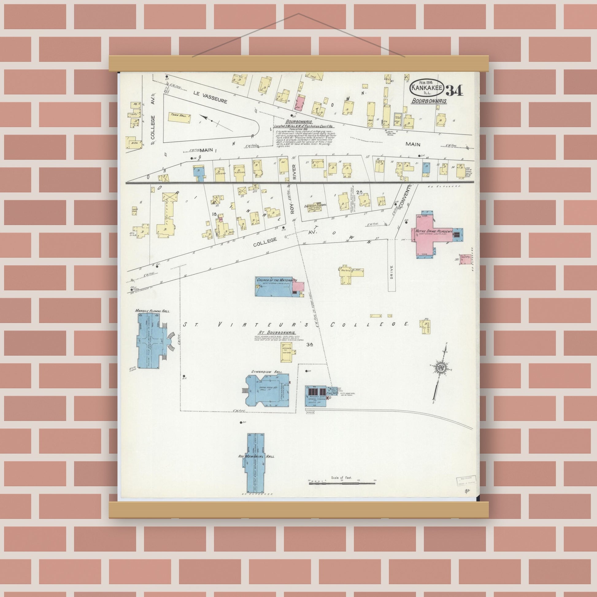 Old map wall art mockup — magnetic wood frame on brick wall — Sanborn Fire Insurance Map from Kankakee, Kankakee County, Illinois (1914), Sheet #0034
