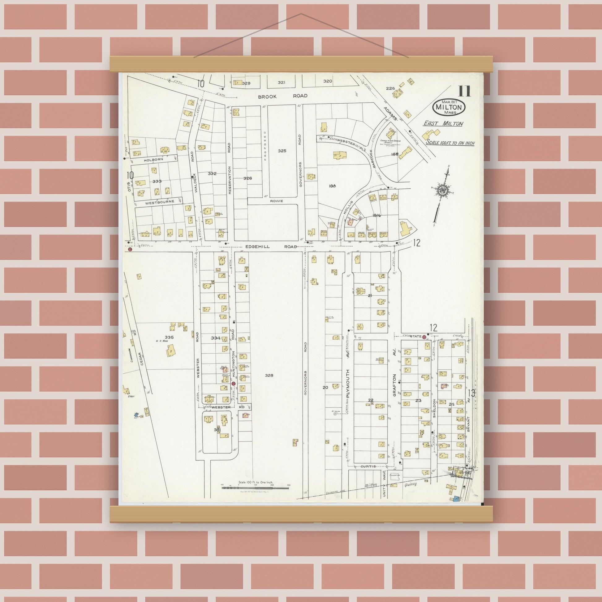 Old map wall art mockup — magnetic wood frame on brick wall — Sanborn Fire Insurance Map from Milton, Norfolk County, Massachusetts (1917), Sheet #0011