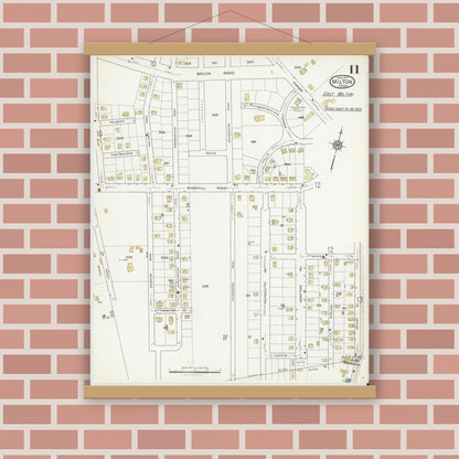 Old map wall art mockup — magnetic wood frame on brick wall — Sanborn Fire Insurance Map from Milton, Norfolk County, Massachusetts (1917), Sheet #0011