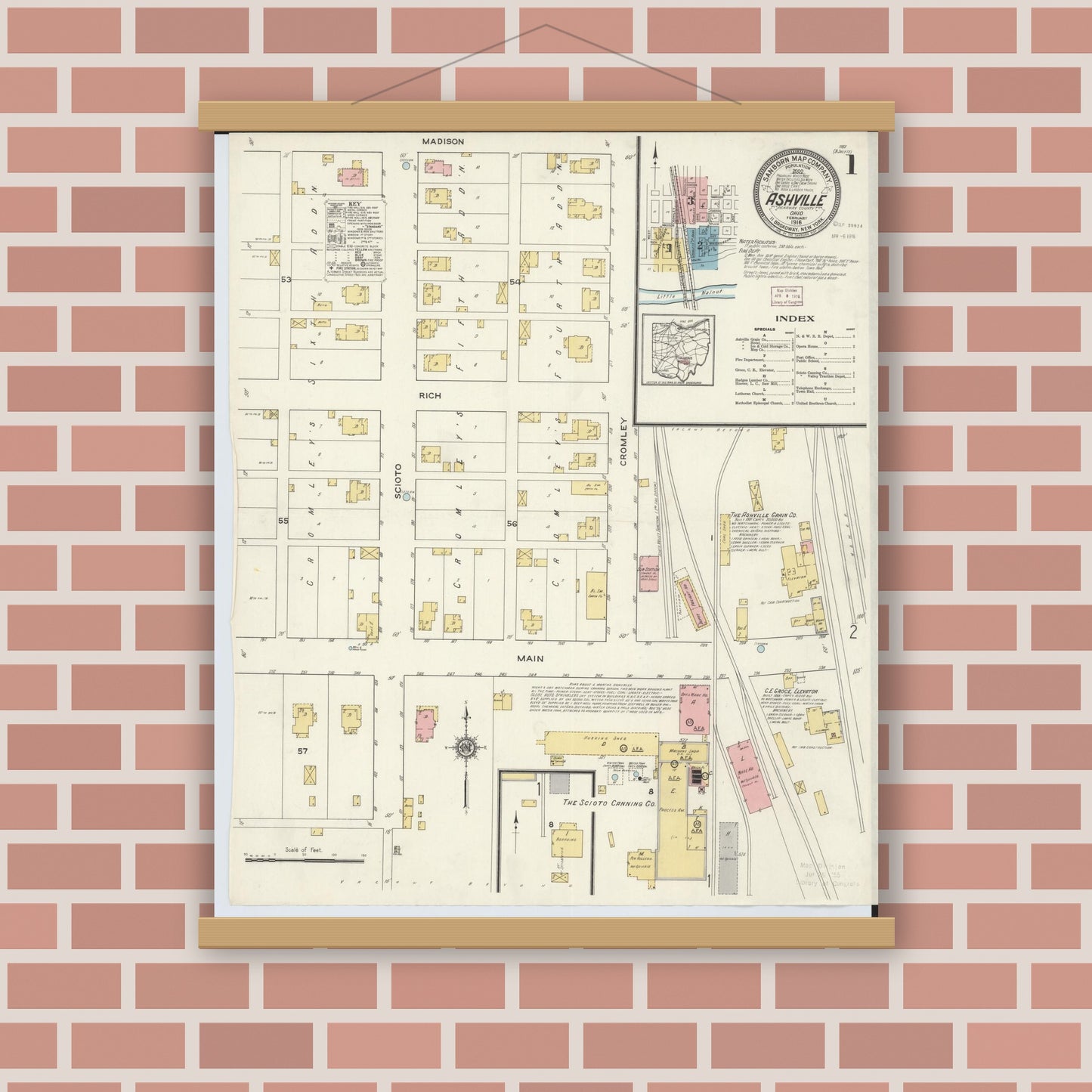 Old map wall art mockup — magnetic wood frame on brick wall — Sanborn Fire Insurance Map from Ashville, Pickaway County, Ohio (1916), Sheet #0001