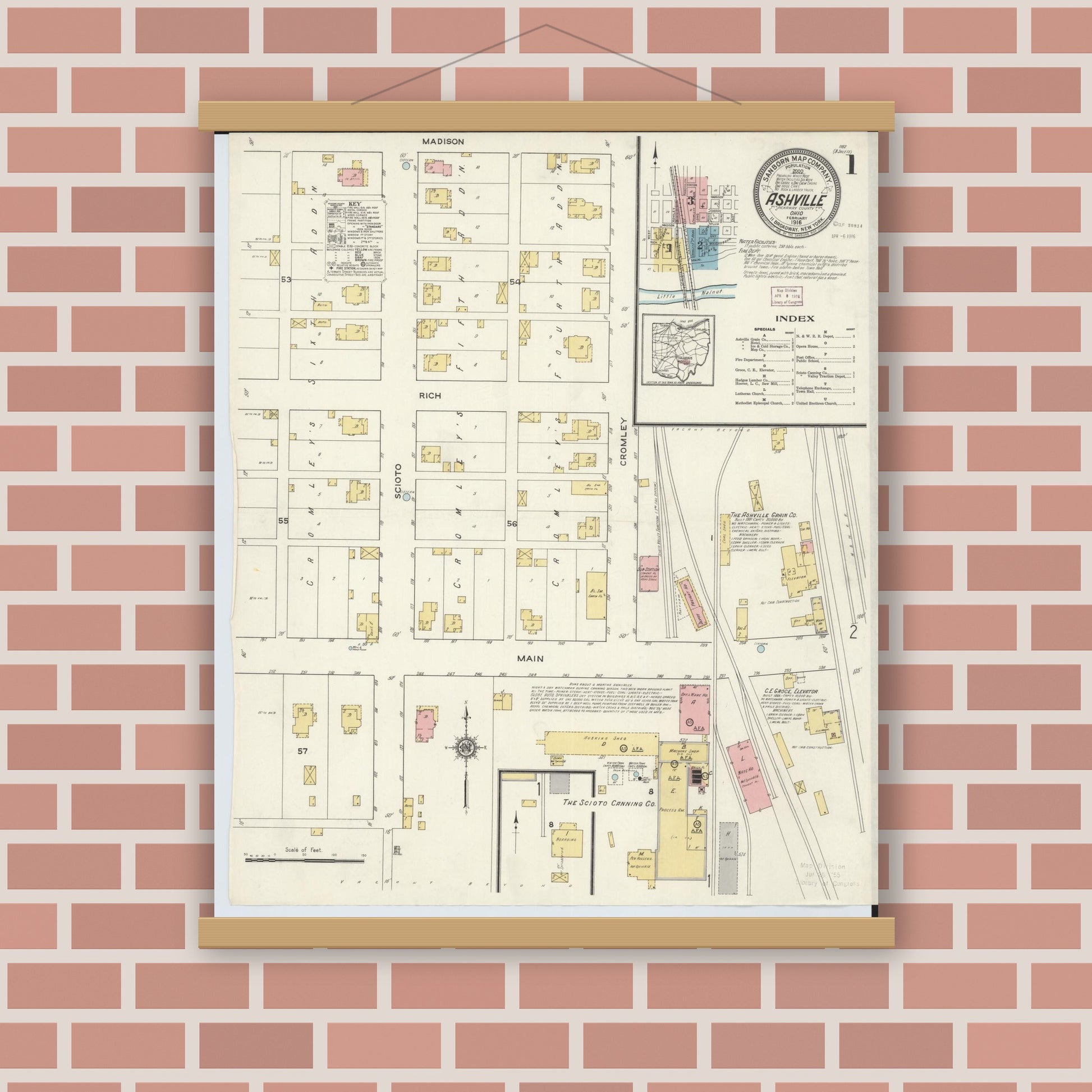 Old map wall art mockup — magnetic wood frame on brick wall — Sanborn Fire Insurance Map from Ashville, Pickaway County, Ohio (1916), Sheet #0001