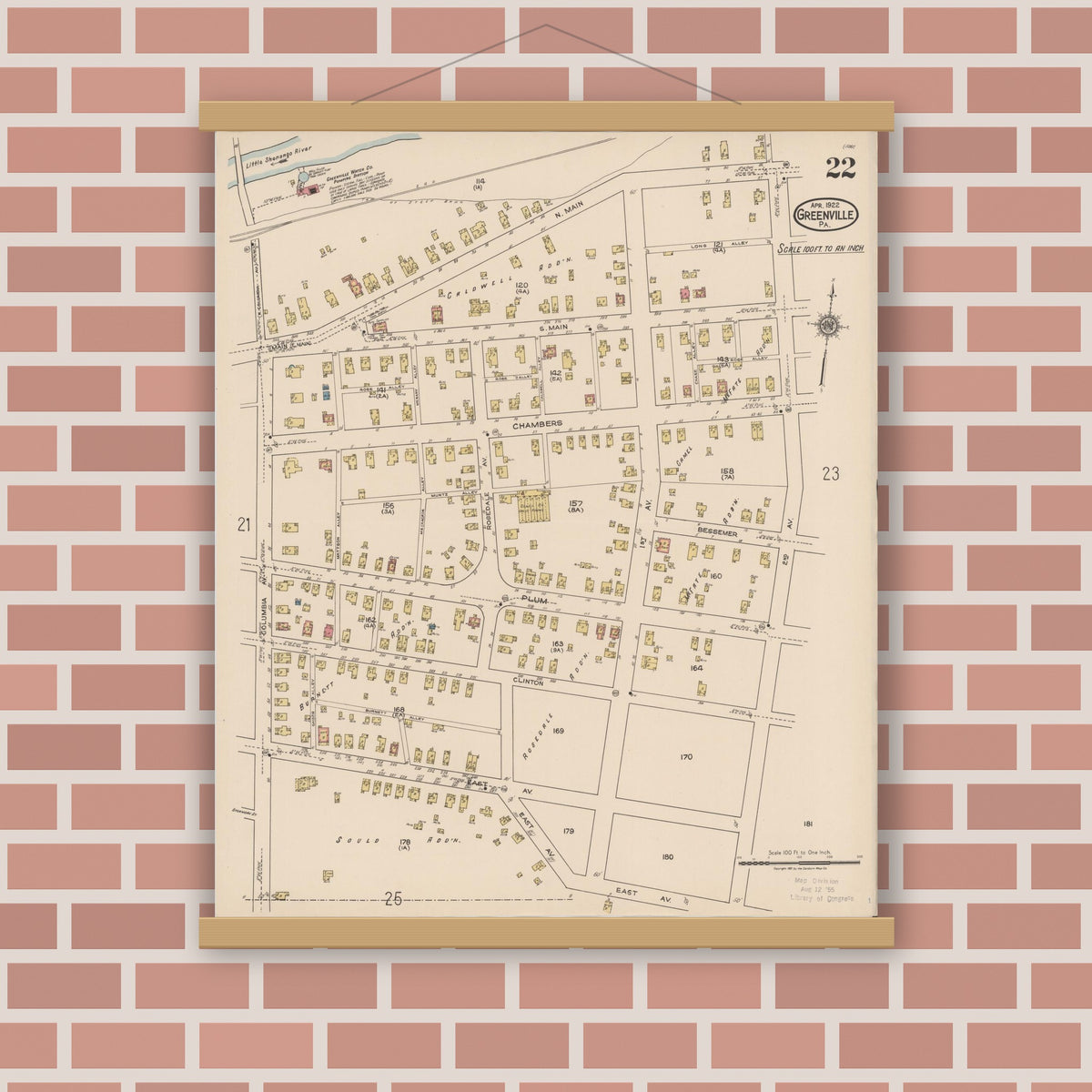 Old map wall art mockup — magnetic wood frame on brick wall — Sanborn Fire Insurance Map from Greenville, Mercer County, Pennsylvania (1922), Sheet #0022