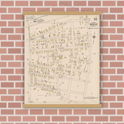 Old map wall art mockup — magnetic wood frame on brick wall — Sanborn Fire Insurance Map from Greenville, Mercer County, Pennsylvania (1922), Sheet #0022