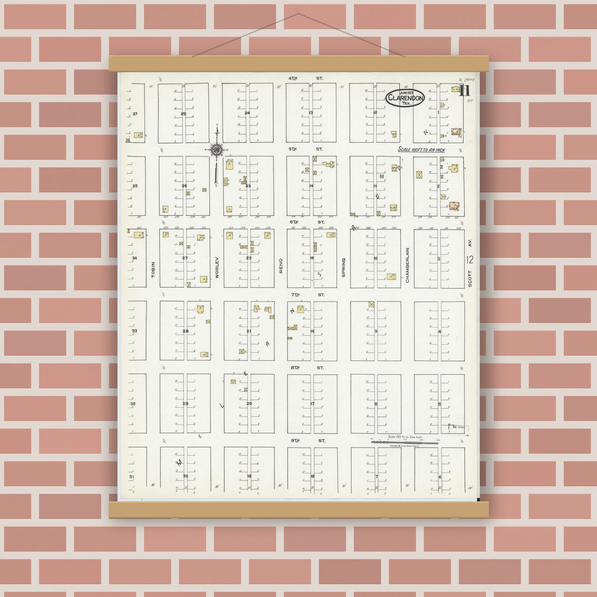 Old map wall art mockup — magnetic wood frame on brick wall — Sanborn Fire Insurance Map from Clarendon, Donley County, Texas (1921), Sheet #0011